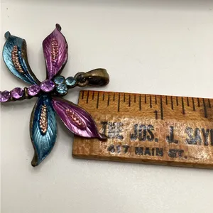 Vintage fairy cottagecore Dragonfly pendant with purple and teal rhinestones. thumbnail 9