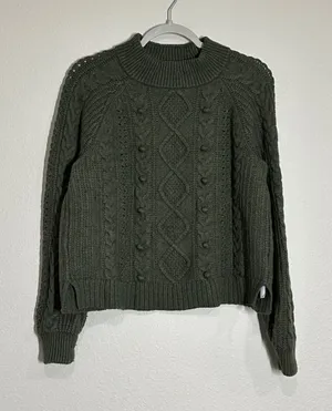 J. Crew Women's Size Large Cable Knit Pom Pom Mockneck Sweater Forest Green thumbnail 1