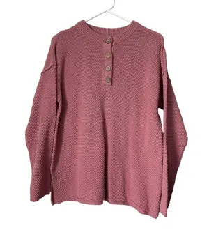 Pink waffle knit sweater buttons casual crewneck warm winter fall oversized thumbnail 1