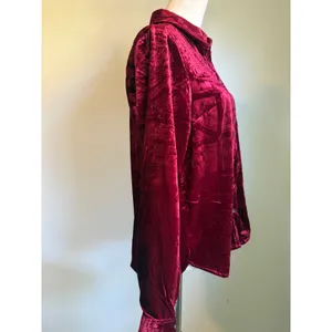 Maeve Anthropologie Red pink Crushed Velvet Button Shirt Long‎ 6 boho whimsi y2k thumbnail 3