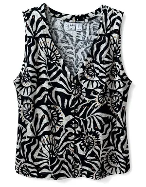 Nicole Miller Cream and Navy Blue Abstract Print Top V Neck Sleeveless Size L thumbnail 1