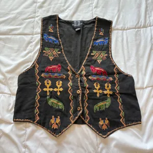 Vintage DD Black Embroidered Tribal Aztec Animal Cotton Vest Medium Boho Y2K 80s thumbnail 1