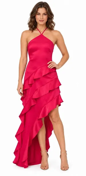 Adrianna Papell - Halter-Neck Ruffled Satin High-Low Gown thumbnail 1