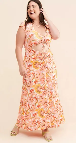 NWT AFRM Anthropologie Lizette Coral Floral Cutout Slinky Maxi Dress 2X Boho thumbnail 1
