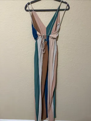 Indah Striped V-Neck Maxi Dress in Teal, Navy, Beige and Cream thumbnail 2