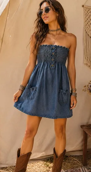 Vintage Mossimo Smocked Strapless Chambray Dress‎ thumbnail 1