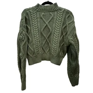 Cableknit Mockneck Sweater Size Medium Green Heavy 3D Flowers Cropped Forever 21 thumbnail 2
