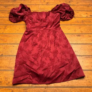 Altar'd State Burgundy Floral Jacquard Puff‎ Sleeve Tie Back Mini Dress XS thumbnail 1