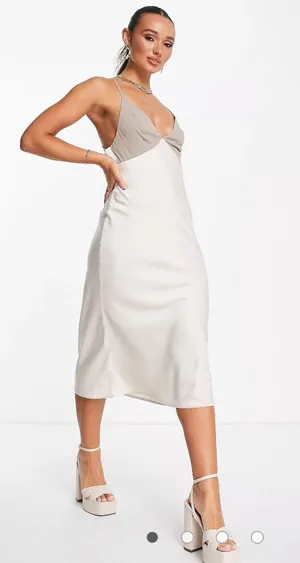 ASOS DESIGN color block satin midi dress with chiffon bodice detail in stone thumbnail 1