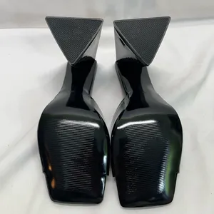 Elegant Black Patent Leather Heels Women 8.5 W/Triangle‎ Chunky Heel Slip On thumbnail 6