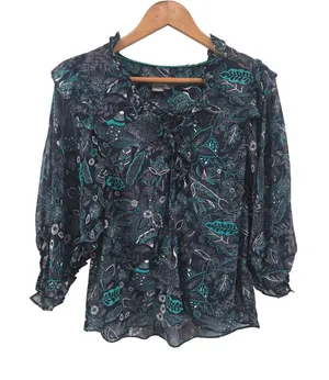 Anthropologie Blouse Womens‎ XS Floral Paisley Navy Blue Lace-Up Ruffle Blouse thumbnail 1