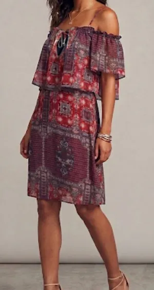 BCBG Red and Navy Patterned Ruffle Maxi Dress Size L thumbnail 1