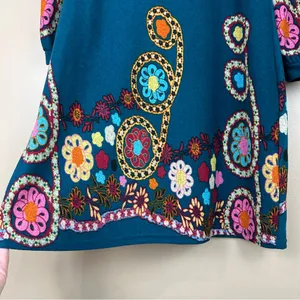 Aryeh Teal Floral Knit Sweater Babydoll Dress Small Colorful Flower Power Retro thumbnail 3