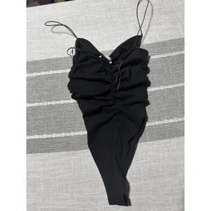 Zara Black Ruched Spaghetti Strap High‎ Cut Bodysuit Sleeveless V-Neck Top thumbnail 4