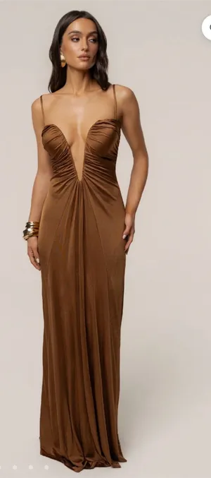 JLUXLABEL Tan Auric Deep Plunge Maxi Dress thumbnail 1