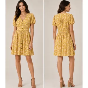 Billabong Twirl Twist Women's XS Mustard Yellow‎ Floral Button Down Mini Dress thumbnail 2