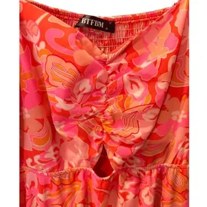 BTFBM Pink Orange Floral Chiffon Smocked Puff Sleeve Square Neck Midi Dress M thumbnail 3