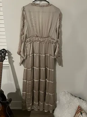 CeCe Ruffle Long Sleeve Satin Maxi Dress, Champagne, V-neck, stiered ruffles. L. thumbnail 6