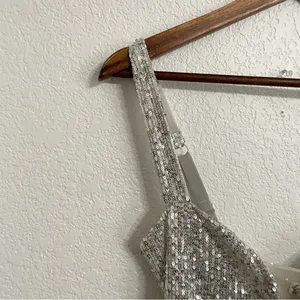 NWT Free People Womens Bodysuit Silver Sparks Fly Bodysuit Sequin Size Small thumbnail 6