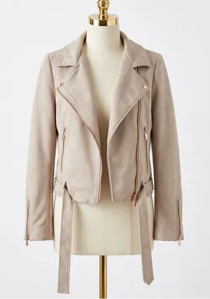 LC Lauren Conrad Faux Suede Moto Biker Jacket Rose Gold Belted Blush Pink 10 thumbnail 1