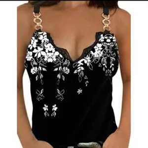 Ladies Fashion Flower Print Metal Chain Sleeveless Sling tank Top Black y2K vibe thumbnail 3