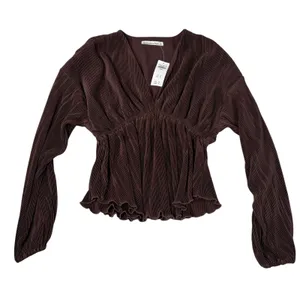 NWT Abercrombie & Fitch womens brown ribbed baby doll blouse. V neck. Size S. thumbnail 1