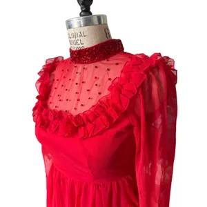 Vintage Red Ruffle & Crystal Embellished Long Sheer Dress Size Small thumbnail 2
