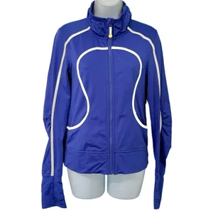 Lululemon Asana Blue Zip Up Track Jacket White Piping Thumbholes Size S / M thumbnail 2
