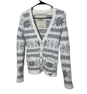 Hollister Y2K Fair Isle Knit Cardigan Sweater Cream Grey Size S thumbnail 1