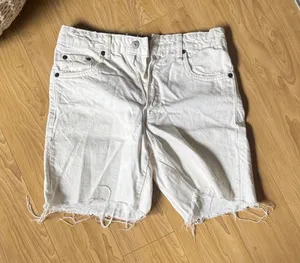 Zara Off-White Distressed Jean Shorts thumbnail 1