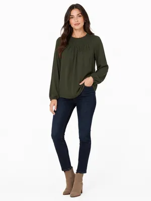 LOFT Olive Green Smocked Long Sleeve Blouse Size Large Flowy Fall Top thumbnail 2