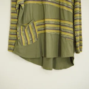 Neon Buddha 1X Tunic Top Green Striped Raw Edge Cotton Pocket Lagenlook Indie thumbnail 3