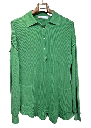 Free People Beach Picnic‎ Sweater Romper Size XS Green Cotton Linen Ribbed Knit thumbnail 1