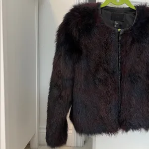 H&M Faux Fur Burgundy + Navy Toned Faux Leather Trim Coat thumbnail 10