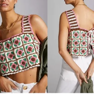 Anthropologie Maeve Boho Retro Reversible Granny Square Festival Floral crotchet crop top OS thumbnail 2