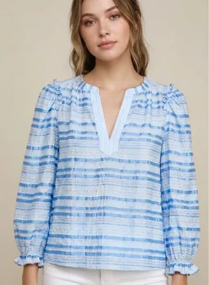 VICI Blue White Striped Metallic Ruffle Sleeve V-Neck Blouse Size Small thumbnail 1