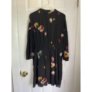 Madewell Short Dress VNeck Collar Tie Leaf Print Black Sheer Long Sleeves Size 1 thumbnail 4