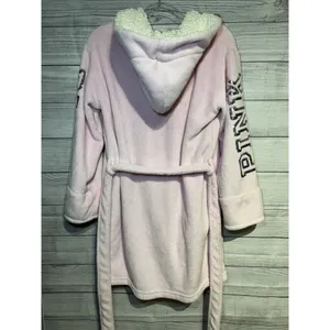 PINK Victoria's Secret Fleece Robe Size XS/S Pink Bling Belted Sherpa Hood thumbnail 3