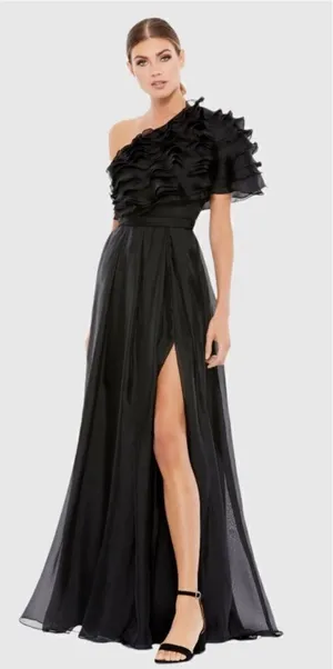 MAC DUGGAL Size 2 Black Ruffle Layered One Shoulder Gown Dress Maxi Formal thumbnail 1