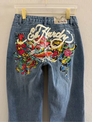 Ed Hardy Y2K Tattoo Snake Painted Tiger Koi Fish Oversized Wide Leg Jeans Sz 26 thumbnail 7