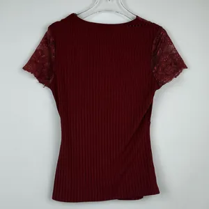 Shein Maroon Lace Panel Rib Knit V-neck Short Sleeve Stretchy T-shirt Top Sz M thumbnail 5