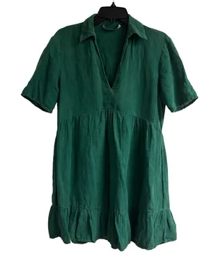 ZARA Tiered Linen Mini Dress Kelly Green Collared Short Sleeve size XS thumbnail 1
