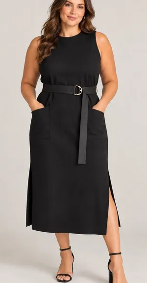 Avec Les Filles Black Belted Midi Dress Size 14 NWT $138 1N04K21 thumbnail 1