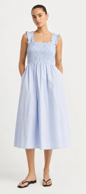 Love, Bonito Periwinkle Blue Smocked Midi Dress Ruffle Straps Cotton L NWT thumbnail 1