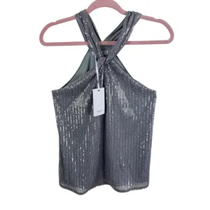 Grace Karin NWT Silver Sequin Glitzy‎ Glam Lined Halter Blouse Size S thumbnail 2