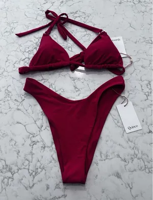 NWT Quince Red Italian Full Coverage Ring Triangle Bikini Top & High Leg Bottom thumbnail 1