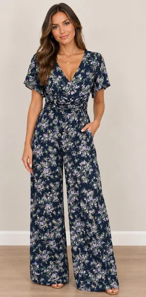 NWT Floral V-Neck Navy Jumpsuit with Lavender Blooms thumbnail 1