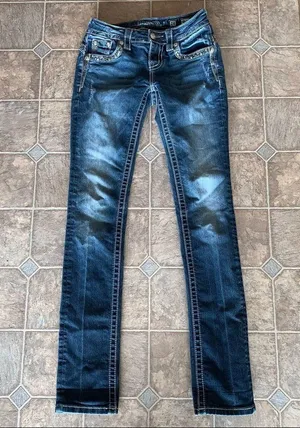 Miss Me Mid-Rise Straight Jeans Sequins 24x33” Bling Rhinestone Western thumbnail 1