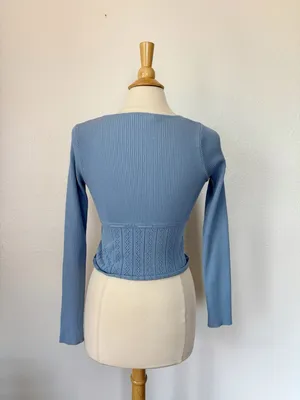 Altar'd State Blue Knit Long Sleeve Milkmaid Top thumbnail 5
