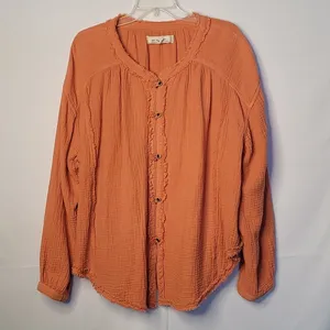 Free People We The Free Relaxed Perpetual button down orange raw hem shirt sz M thumbnail 3